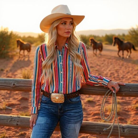 Western Cowgirl Aztec SerapeāPrint Long Sleeve Pearl Snap Casual Top New - Picture 2 of 12